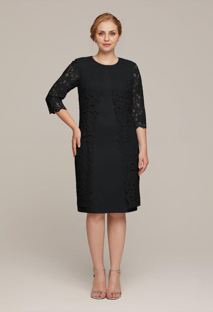 Formal Women's Dresses A-line Elegant 3/4 Sleeve Lace Applique Round Neck Tea-Length Free Custom Size Mother of the Bride Dress